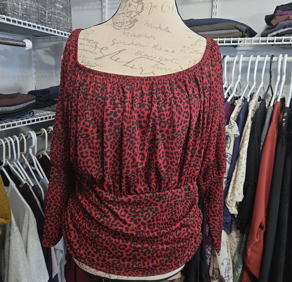 Express Red and Black Leopard Print Off-Shoulder Top